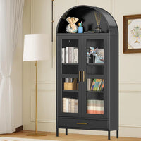 Garvee Tall Black Arched Metal Storage Cabinet with Glass Doors – 2 Adjustable Shelves, Drawer, Modern Freestanding Entryway Organizer – Pantry Display Cabinet for Living or Dining Room, Easy Assembly, Color: Black