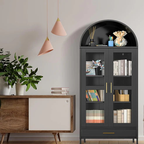Garvee Tall Black Arched Metal Storage Cabinet with Glass Doors – 2 Adjustable Shelves, Drawer, Modern Freestanding Entryway Organizer – Pantry Display Cabinet for Living or Dining Room, Easy Assembly, Color: Black