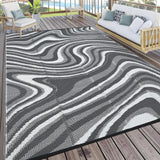 Garvee Porch Rugs Outdoor Waterproof 9x18 Outdoor Camping Rug, Neutral Striped Plastic Straw Rugs with Rubber Particles Backing, Reversible Outside Rug for Picnic Backyard Deck, Black Grey - Black/Gray/White