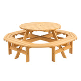 Garvee 8-Person Round Wooden Picnic Table Set – 4 Built-in Benches – Umbrella Hole – Durable Natural Wood – Outdoor Patio Dining Table for Garden, Backyard, Camping – Color: Natural Wood - Natural Wood Color