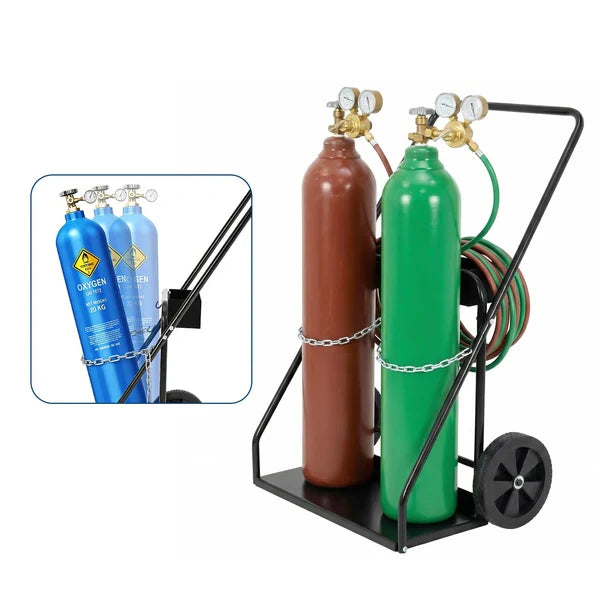 Garvee Welding Cylinder Cart Heavy Duty Carbon Steel Oxygen Acetylene Tank Cart with Handle and Chains for Workshops and Industrial Use, 10-Inch Wheels, Black