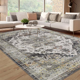 Garvee Machine Washable Vintage Runner Rug – Ultra-Thin, Non-Slip, mark Resistant Distressed Medallion Carpet for Living Room, Bedroom, Office – Gray Tone – 10x13ft, 450 Pearl Velvet Fabric, USA Spec