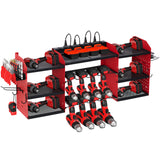Garvee Heavy Duty 3-Tier Power Tool Organizer Wall Mount – Metal Garage Storage Rack with 8 Drill Holders, Built-in 8-Outlet Charging Station, Hooks, Bit Rack – Combo style, 3 layers 8 slots, with power strip - Red