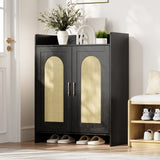 Garvee Black Oak Rattan Shoe Cabinet with 2 Doors – Modern Wooden Closed Shoe Storage – Boho Farmhouse Style Entryway Organizer – Black Oak - Black Oak