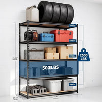 Garvee Heavy-Duty 5-Tier Garage Shelving Unit, Adjustable Boltless Carbon Steel Freestanding Storage Rack, 2500 lb Total Capacity, 36" W x 18" D x 72" H, Matte Black (Hole Position Change), 90x45x183cm