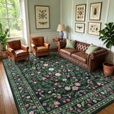 Garvee Washable Floral Area Rug for Living Room – Soft Low Pile Non-Slip Carpet – Perfect for Bedroom & Dining Room – Dark Green – 8x10ft (244x305cm), United States - Black