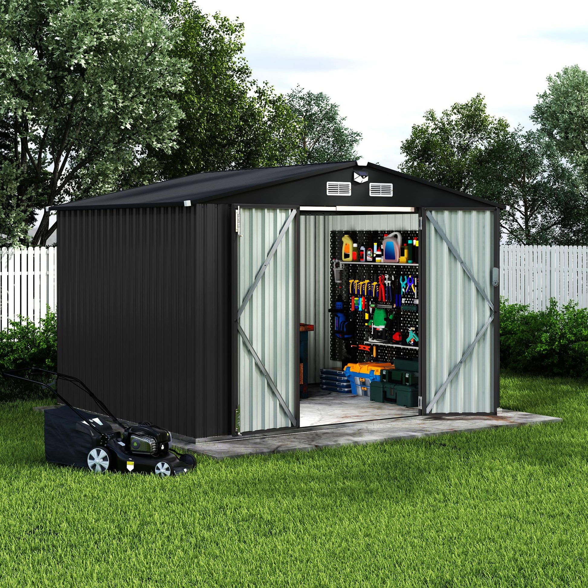 Garvee 8X10 FT Metal Outdoor Storage Shed Kit With Lockable Door And Air Vent For Backyard Garden Patio Lawn, Sloped Roof, Gray