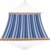 Garvee Double Quilted Hammock with Wooden Spreader Bar – For 2 Persons, Removable Pillow, Adjustable Steel Stand, 450lbs Capacity, Weather Resistant – Perfect for Patio, Garden, or Poolside – Light-Navy Blue Stripe, 350cm