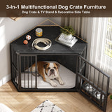 Garvee Space-Saving Corner Dog Crate Furniture for Small Dogs – Wooden Indoor Kennel End Table with 360° Rotating Door & Stainless Steel Feeding Bowls – Decorative Dog Cage – Black Relief + Black Iron Frame - Black