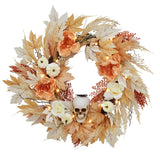 Garvee Prelit Halloween & Fall Wreath for Front Door – 22" Bones, White Pumpkins, Maple Leaves & Roses – Lighted Indoor Outdoor Autumn Thanksgiving Decor, Yellow and White, Onesize