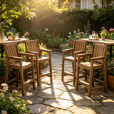 Garvee All-Weather HDPE Outdoor Bar Stools Set of 4 - 27.7" Counter Height Patio Chairs with Back, Armrests & Footrest - Waterproof, Sturdy Pub Seating - Brown - Brown