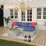 Garvee 5-Piece Outdoor Patio Sofa Set – All-Weather Gray Gradient Rattan Sectional with Blue Cushions, Tempered Glass Coffee Table, Modern Wicker Conversation Furniture for Garden, Balcony, Porch, Lawn, Poolside – Gray Gradient Rattan/Blue Cushion - Brown Four-Line Rattan + Khaki Cushion + Red Pillow