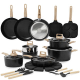 Garvee 31 Pcs Pots and Pans Set Nonstick Ceramic Coating Even Heating Aluminum Cookware Stay-Cool Handles Tempered Glass Lids Ideal for Home Cooking - Black