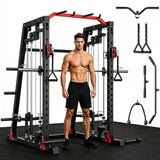 Garvee 2200LB Integrated Smith Machine Power Cage Home Gym – Dual Independent Pulley Systems, LAT Pulldown, Squat Rack, Cable Crossover, Leg Hold-Down, Pull-Up Bar, Weight Storage – Full Body Strength Training Equipment – Red and Black - Red