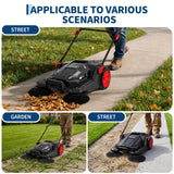 Garvee Heavy Duty Manual Push Floor Sweeper – 26-Inch Walk-Behind Outdoor Cart, Dual Side Brushes, 5-Gallon Powder Container, Folding Adjustable Handle – Driveway, Patio, Warehouse – Black + Red (Hub and Knob)