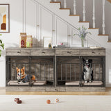 Garvee Easy-Assembly Double Dog Crate Furniture for 2 Small/Medium Dogs – Indoor Kennel TV Stand with 4 Storage Drawers, Built-in Feeding Bowls – Multi-Functional Pet Cage Accessory – Washed Gray - Brown