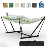 Garvee Heavy Duty Double Hammock with Stand, 2 Person – Soft Pillow, 450lbs Capacity, Portable, Easy Assembly, Weather-Resistant, Includes Carry Bag – Perfect for Patio, Garden, Camping – Light blue and green stripes design - Green Banana Leaf Color