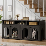 Garvee 71" Double Dog Crate Furniture for 2 Medium Dogs, Heavy-Duty Wooden Indoor Kennel - 3 Storage Shelves, End Table Design, 8 Adjustable Feet - Black Relief