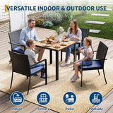 Garvee 5-Piece Wicker Patio Dining Set – Outdoor Table & Chairs with Umbrella Hole, Blue Cushions – Ideal for Garden, Deck, Poolside – Black+Blue Cushions - Black + Blue Cushions
