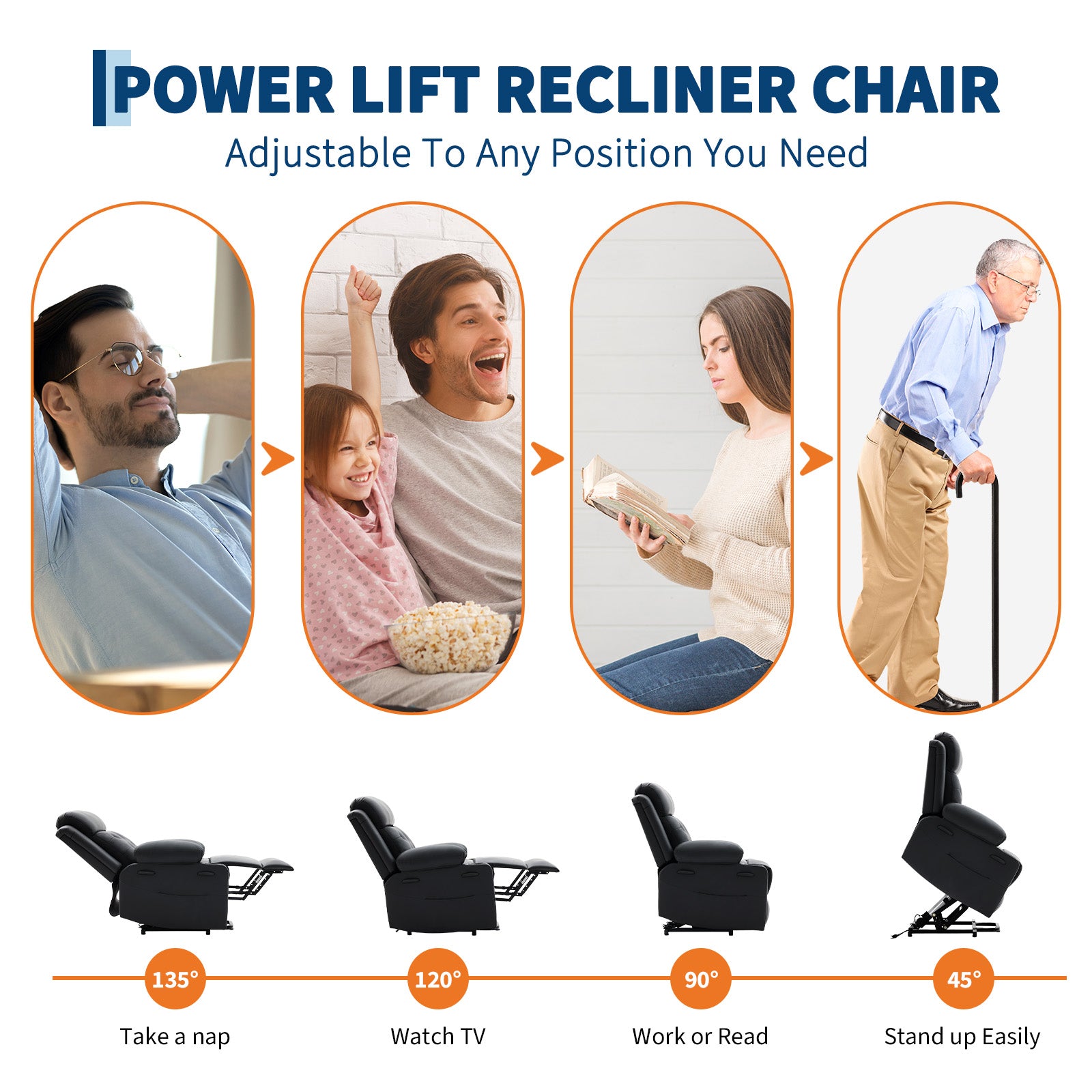 Garvee Power Lift Recliner Chair for Elderly with Massage and Lumbar Heating, PU Leather Electric Lift Reclining Single Sofa with Side Pockets, 2 Cup Holders for Mobility Impaired, Black