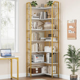 Garvee Corner Bookshelf 72"/86" l Shaped Bookcase, Corner Bookshelves Industrial Bookcase 7 Tier l-Shape Bookshelf, Large Bookcases with Beaded Design Tall Display Rack Shelf - Gold + White Relief
