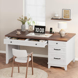 Garvee 53.5" Farmhouse Executive Office Desk with Power Outlets & USB Ports – Wooden Computer Desk – Adjustable File Cabinet – Storage Drawers – Charging Station, Brown and White Contrast - White