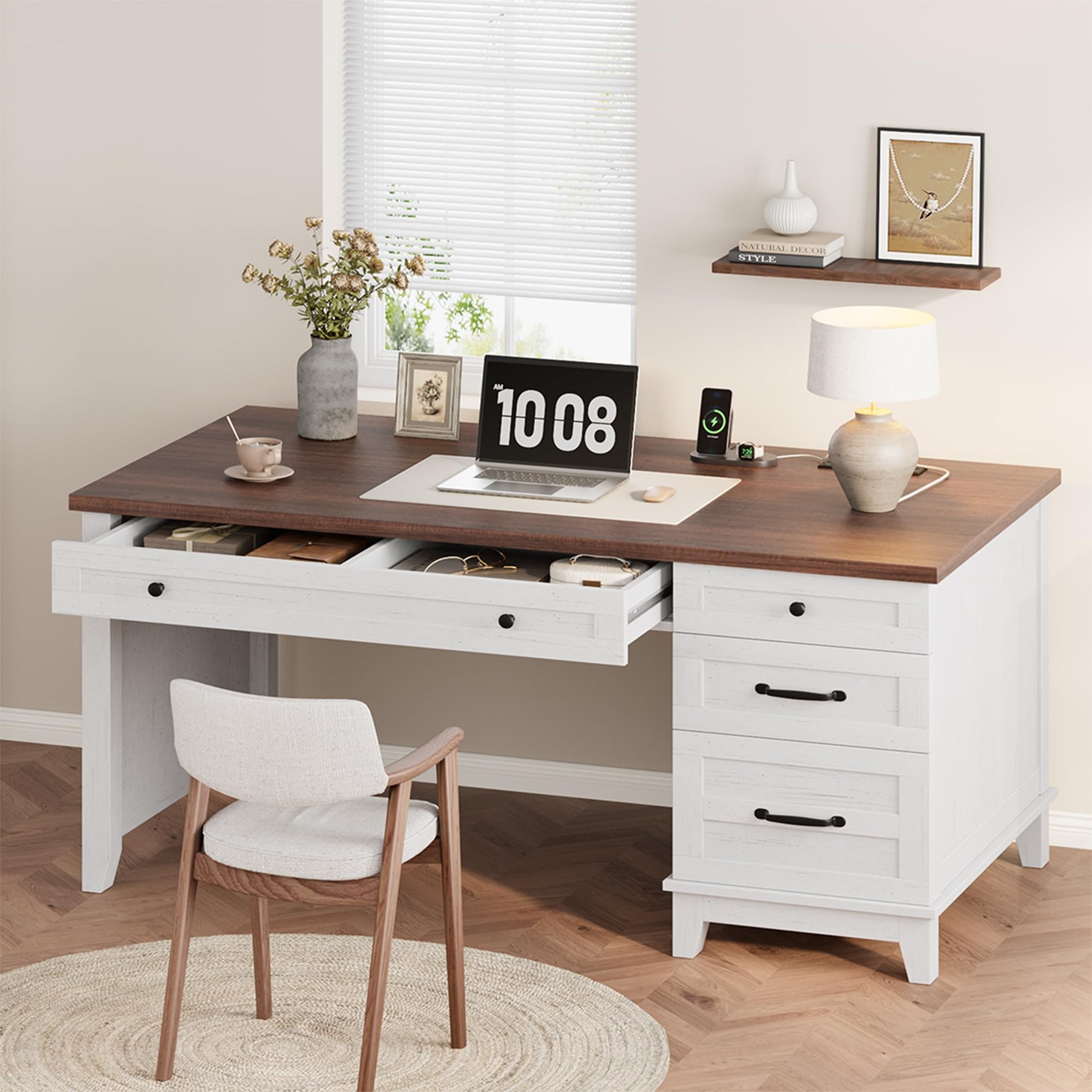 Garvee 53.5" Farmhouse Executive Office Desk with Power Outlets & USB Ports – Wooden Computer Desk – Adjustable File Cabinet – Storage Drawers – Charging Station, Brown and White Contrast