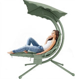 Garvee Comfortable Hanging Chaise Lounge Swing Chair for Patio – Curved Steel Frame, Canopy Shade, Removable Pillow, Outdoor Hammock Lounger for Garden, Pool, Porch, Backyard – Includes Stand – Gray-Green - Gray-Green