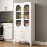 Garvee Modern Metal Storage Cabinet with Curved Glass Doors – Adjustable Shelves & Drawers – Freestanding Entryway Organizer for Kitchen, Living Room, Office – Waterproof, Rustproof – White