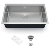 Garvee 33x19" Undermount/Drop-In Workstation Kitchen Basin – 16 Gauge 304 Stainless Steel, Single Bowl with Integrated Ledge & Drainboard, 10" Deep, Bottom Grid & Drain, Brushed Finish, Noise Reduction – 33*19*10" single basin with steps, with bottom mesh - Double Ss Sinkes