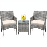 Garvee Stylish 3 Piece Patio Bistro Set – Outdoor Rattan Wicker Furniture with Cushions & Tempered Glass Table – All-Weather, Compact Seating for Balcony, Garden, Porch, Yard – Grey Gradient Vine & Creamy White Cushion