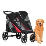 Garvee Heavy Duty Extra Large Dog Stroller – One-Hand Collapsible Pet Wagon, Dual Entry, Shock Absorption, Removable Mat, Storage Basket, Ventilated, Size: 112×65×100cm, Color: Black-red - Black-Red