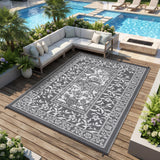 Garvee Waterproof Reversible Outdoor Rug 9x12ft - Botanical Cottagecore Patio Carpet - UV Resistant, Lightweight, Easy Clean, Collapsible - Great for Camping, RV, Deck, Porch, Balcony, Backyard, Picnic, Beach - Gray-White, USA - Gray & White