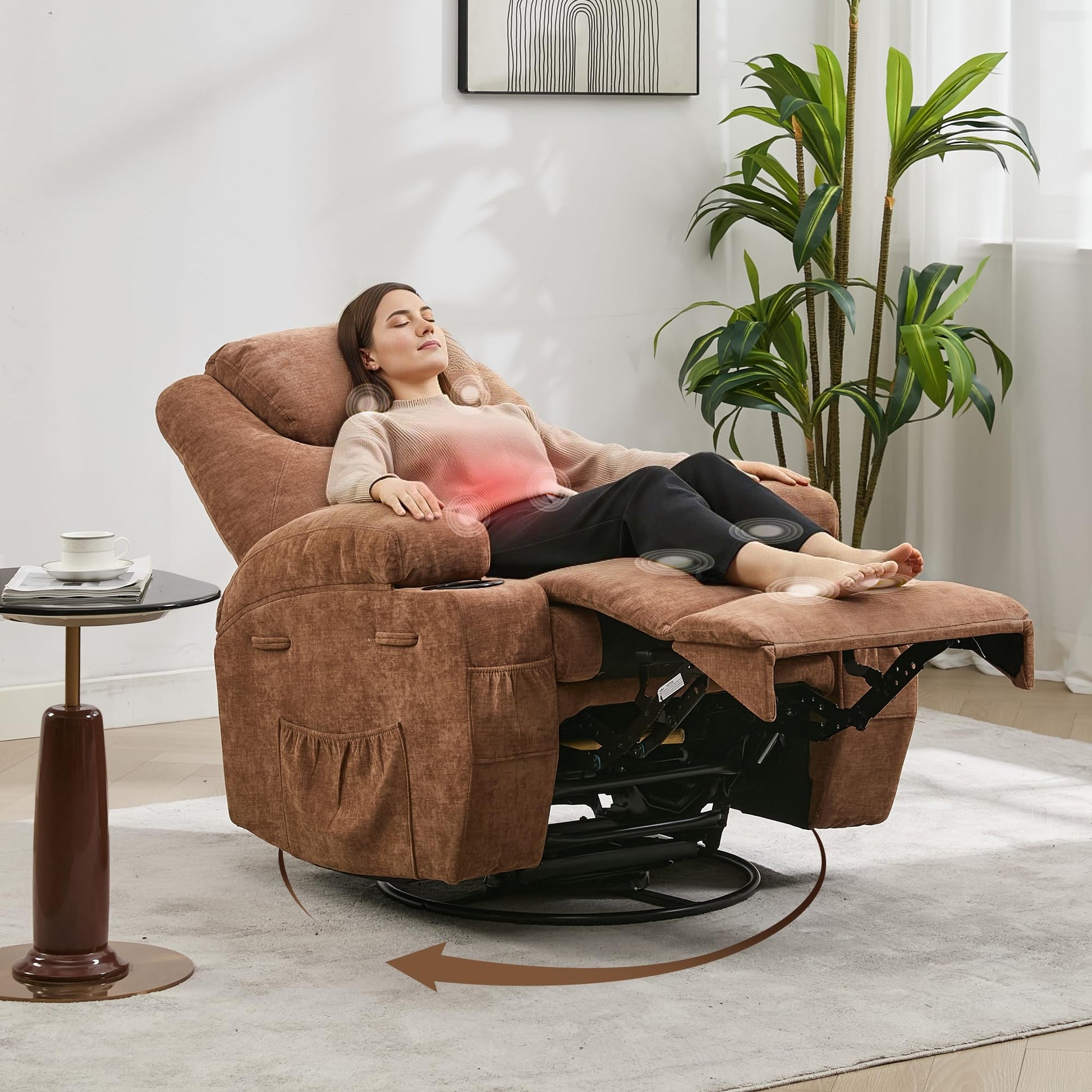 Garvee Rocking Recliner Chair with Massage and Heat, Swivel Ergonomic Lounge Chair Classic Single Sofa with 2 Cup Holders Side Pockets Living Room Chair Home Theater Seat, Brown