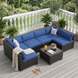 Garvee 7-Piece PE Rattan Patio Furniture Set – All-Weather Outdoor Sectional Sofa – Thick Blue Cushions – Tempered Glass Coffee Table – UV Resistant Waterproof Conversation Set for Garden, Backyard, Poolside – Black Rattan + Blue Cushions - Brown Gradient Rattan + Beige Cushions