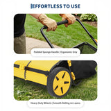 Garvee 26-Inch Manual Push Lawn Sweeper - Heavy-Duty Steel Frame, Wheel-Driven 4 Spinning Brushes, 10-Position Height Adjustment, 7 Cu Ft Mesh Collection Bag - Yellow - Black + Orange Ral 2004