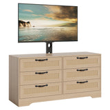Garvee Modern TV Stand with Mount for 32-85" TVs – 6-Drawer Rattan Dresser – Media Console Table with Spacious Storage for Living Room or Bedroom – Natural Log Finish - Black