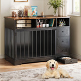 Garvee Heavy Duty Dog Crate Furniture with Bowls & Storage Drawers – Decorative Indoor Kennel Cabinet End Table – Dog Cage for Small to Large Breeds – Stylish & Practical Dog House – Classic Color + Black Oak Color - Black