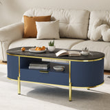 Garvee Modern Fluted Oval Coffee Table with Faux Marble Top – Storage Drawer & Open Shelf – Gold Metal Accents – Center Table for Living Room – Blue