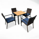 Garvee 5-Piece Wicker Patio Dining Set – Outdoor Table & Chairs with Umbrella Hole, Blue Cushions – Ideal for Garden, Deck, Poolside – Black+Blue Cushions - Black + Blue Cushions