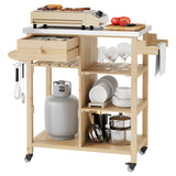 Garvee Solid Wood Outdoor Grill Cart with Stainless Steel Top – Portable Rolling BBQ Prep Table – Storage Drawer, Open Shelves, Towel Racks – Kitchen Island for Patio, Garden, Backyard – Solid Wood Color