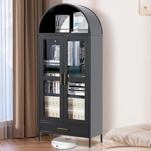 Garvee Tall Black Arched Metal Storage Cabinet with Glass Doors – 2 Adjustable Shelves, Drawer, Modern Freestanding Entryway Organizer – Pantry Display Cabinet for Living or Dining Room, Easy Assembly, Color: Black