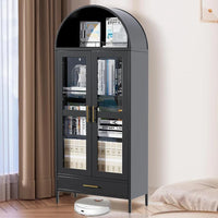 Garvee Tall Black Arched Metal Storage Cabinet with Glass Doors – 2 Adjustable Shelves, Drawer, Modern Freestanding Entryway Organizer – Pantry Display Cabinet for Living or Dining Room, Easy Assembly, Color: Black