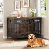 Garvee Heavy Duty XXL Wooden Dog Crate Furniture – Double Doors & Name Tag – Sliding Pulley System Kennel – Decorative Pet Cage TV Stand for Large Dogs – Antique Brown