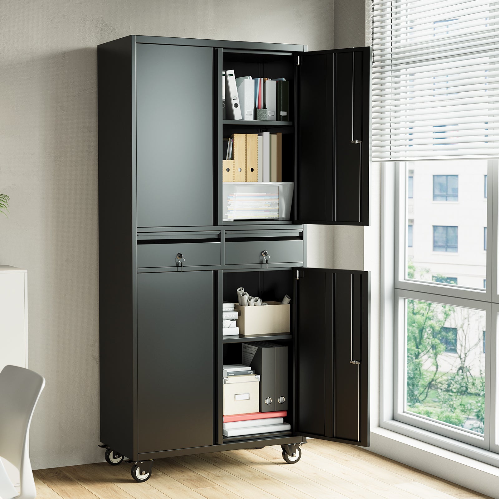 Garvee Heavy Duty 73" Metal File Cabinet with Lockable Wheels, Locking Doors, 2 Drawers, and Adjustable Shelves, Durable Mobile Storage Locker for Office Garage & Workshop, Black
