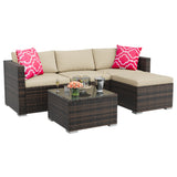 Garvee 5-Piece Outdoor Patio Sofa Set – All-Weather Brown Four-Line Rattan L-Shaped Sectional with Khaki Cushions, Red Accent Pillows, Tempered Glass Coffee Table, Wicker Conversation Furniture for Backyard, Porch, Garden, Poolside – Brown Four-Line - Brown Four-Line Rattan + Khaki Cushion + Red Pillow