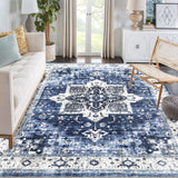 Garvee Vintage Washable Runner Rug - Distressed Floral Medallion, Low Pile, Soft, Non-Slip, Collapsible, Non-Shedding - Living Room, Bedroom, Entryway, Blue Tint, 5x7ft (152x213cm), USA - Blue Tint