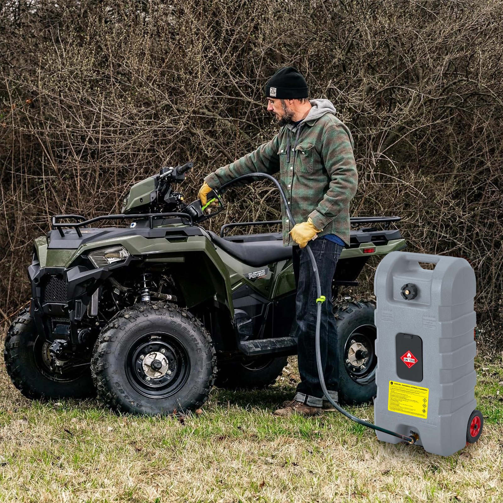 Garvee 15 Gallon Portable Fuel Caddy, 10-ft hose, siphon pump, 7.5 L/min manual nozzle, diesel/gasoline tank - Gray