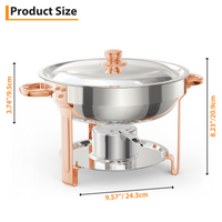 Garvee 5QT Round Chafing Dish Buffet Set (6 Pack) - Rose Gold Stainless Steel Food Warmers with Lid Holder, Spoon, and Tweezers, Perfect for Parties, Weddings, Events, and Banquets