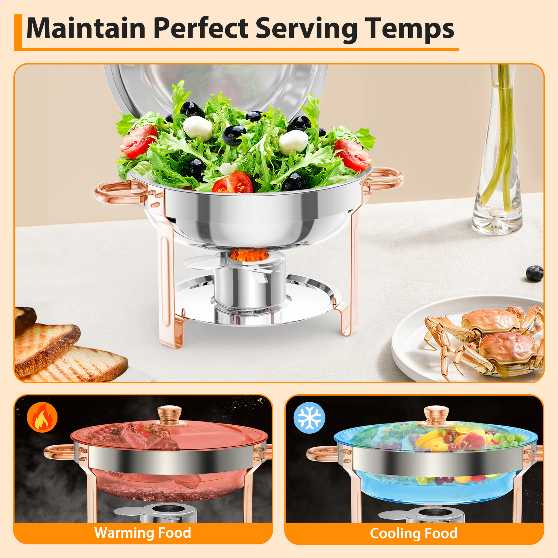 Garvee 5QT Round Chafing Dish Buffet Set (6 Pack) - Rose Gold Stainless Steel Food Warmers with Lid Holder, Spoon, and Tweezers, Perfect for Parties, Weddings, Events, and Banquets